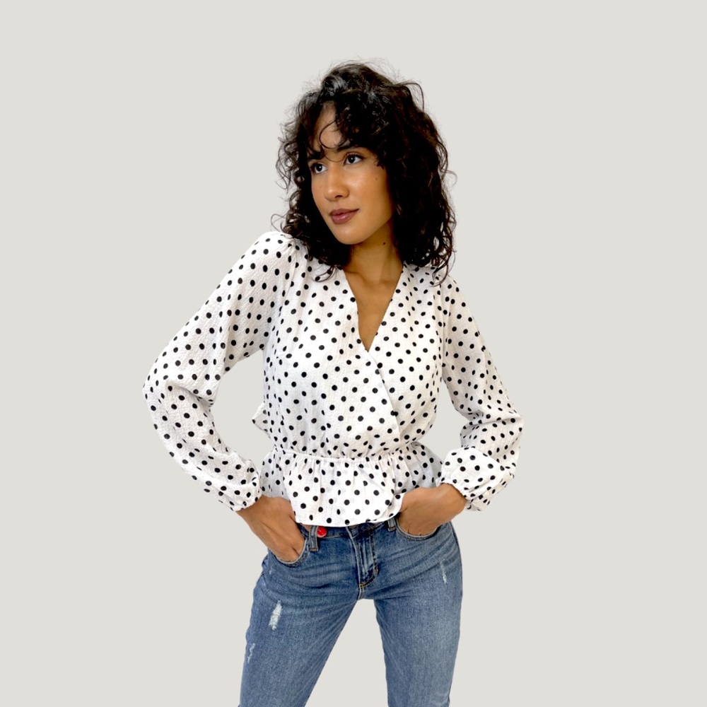 White long sleeve top with black dots